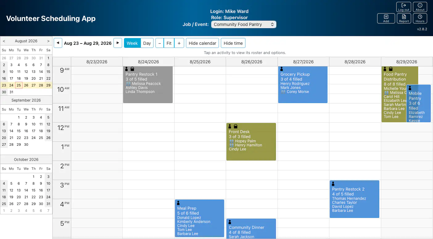 Coordinator view of that same week — every shift lists its full roster by name, with group-account members marked